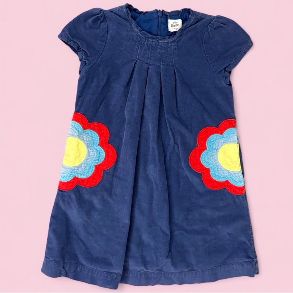 Mini Boden Girls Navy Blue Colorful Appliqué Flower Corduroy Dress Sz 5/6